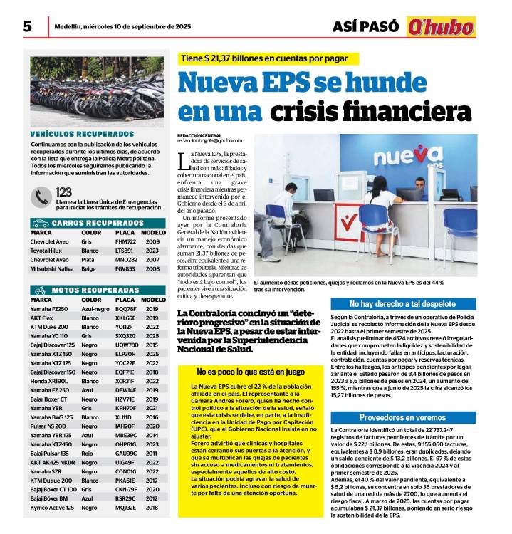 Versión impresa de crisis financiera Nueva EPS. <b><span class=mln_small-caps_mln>/FOTO: Q’HUBO</span></b>