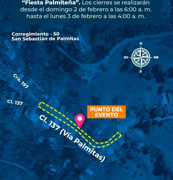 Mapa de los cierres viales en el corregimiento de Palmitas por Fiesta Palmiteña. /FOTO: CORTESÍA FISCALÍA