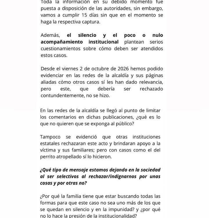 Este fue el comunicado que emitió la familia de la víctima a través de redes sociales. IMAGEN: CAPTURA DE PANTALLA.