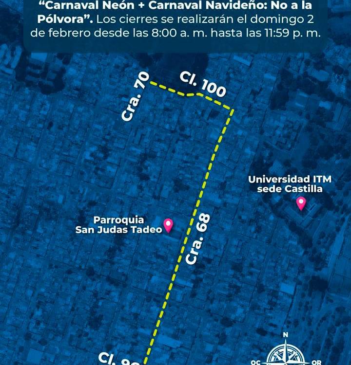 Mapa de los cierres viales en Castilla por Carnaval Neón y Carnaval Navideño. /FOTO: CORTESÍA ALCALDÍA
