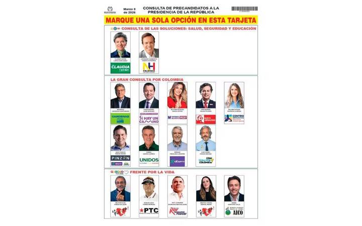 Así se ve el tarjetón de consultas para las elecciones de este 8 de marzo. FOTO: CORTESÍA REGISTRADURÍA DEL ESTADO CIVIL