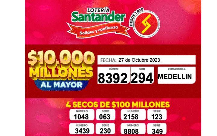 Resultados de las Lotería de Santander del viernes, 27 de octubre. /FOTO: TOMADA DE www.loteriasantander.gov.co