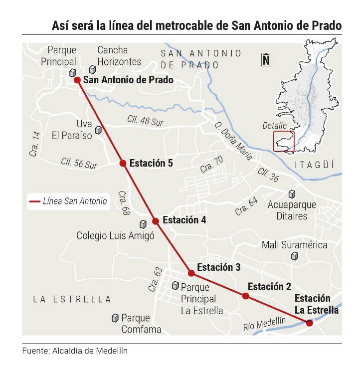 Este es el recorrido que tendrá el metrocable de San Antonio de Prado. INFOGRAFÍA: EL COLOMBIANO