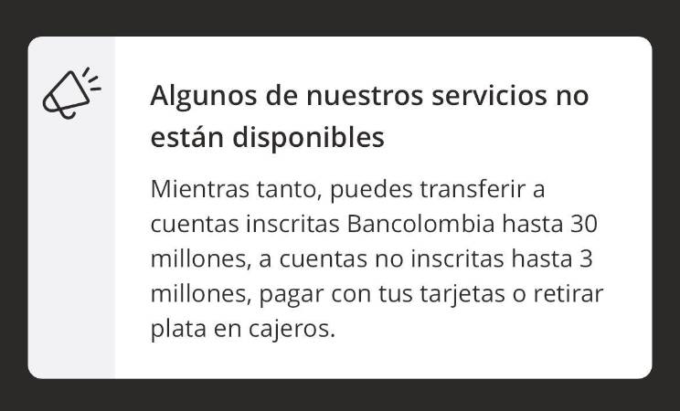 Mensaje al ingresar en la App de Bancolombia. FOTO: APP DE BANCOLOMBIA