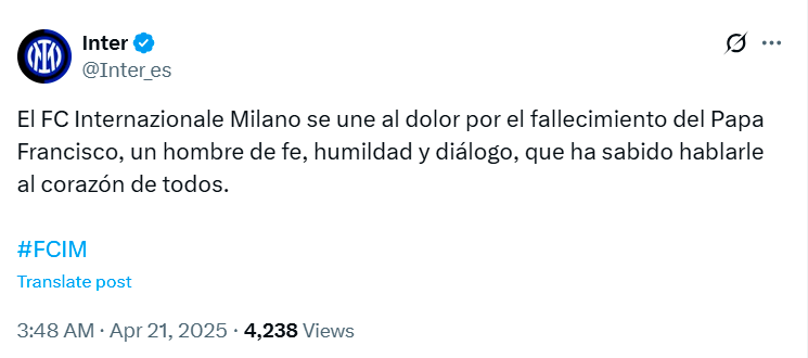 Publicación equipo de fútbol italiano, Inter de Milán. /FOTO: X @Inter_es