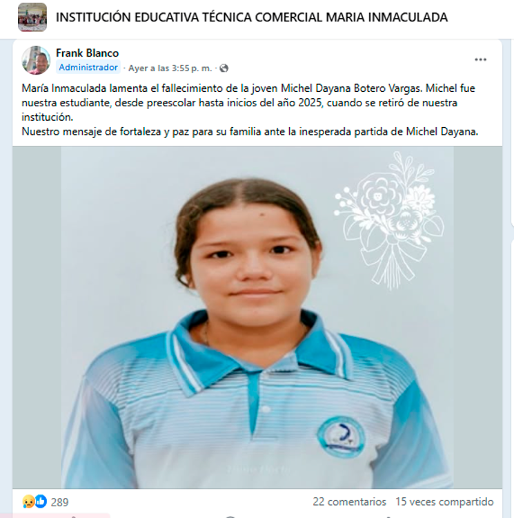 Otra de las instituciones en donde estudió la joven se manifestó vía Facebook. FOTO: @Institución Educativa Técnica Comercial María Inmaculada