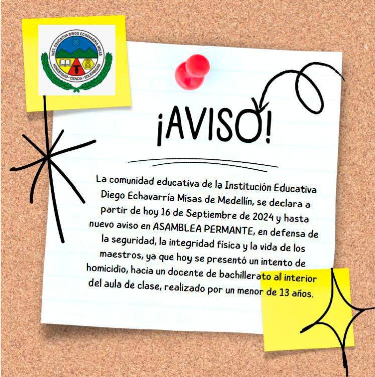 $!Estudiante de 13 años atacó a puñaladas a profesor de la I.E. Diego Echavarría Misas