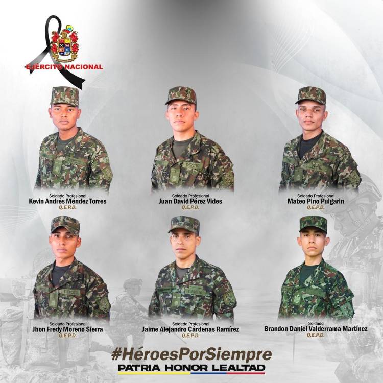 Soldados asesinados en el ataque. FOTO: TOMADA DE X @COL_EJERCITO