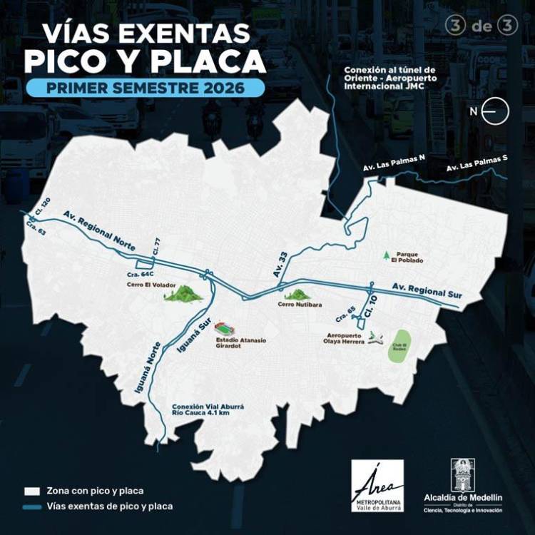 Vías exentas de pico y placa. DISEÑO: ALCALDÍA DE MEDELLÍN