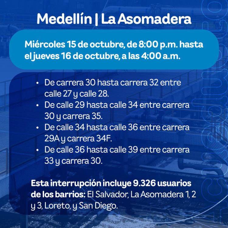 ¡Ojo! Cortes de agua nocturnos desde este miércoles en Medellín y Bello