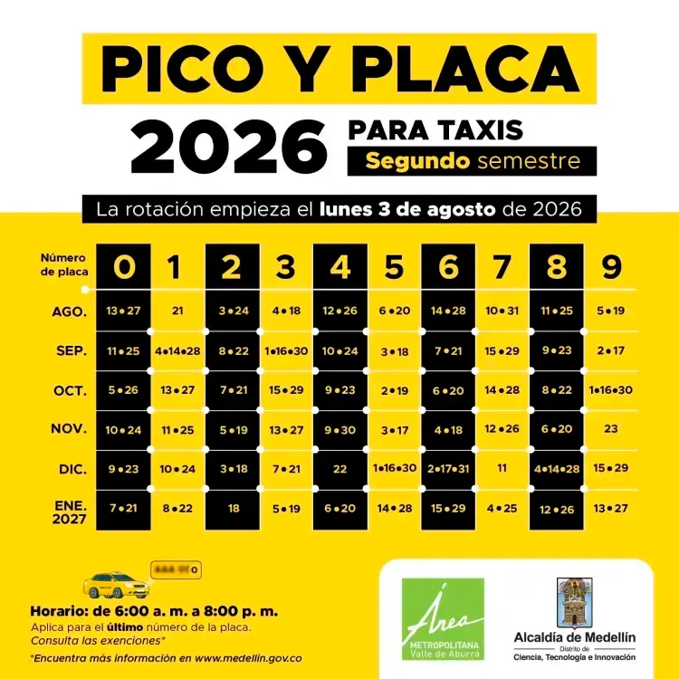Pico y Placa para taxis, segundo semestre de 2026. IMAGEN: ALCALDÍA DE MEDELLÍN