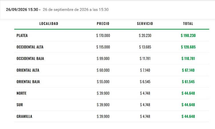 Así están los precios para el partido entre Nacional vs. Chapecoense. FOTO: TOMADA DE TRIBUNA VERDE