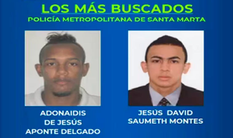 Este es el cartel de los más buscados en Santa Marta, donde sale Jesús David (der), acompañado de otro hombre identificado como Adonaidis de Jesús Aponte (izq). /FOTO: TOMADA DE EL COLOMBIANO. 