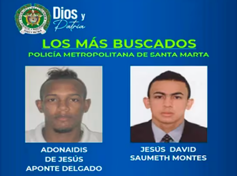 Este es el cartel de los más buscados en Santa Marta, donde sale Jesús David (der), acompañado de otro hombre identificado como Adonaidis de Jesús Aponte (izq). /FOTO: TOMADA DE EL COLOMBIANO.
