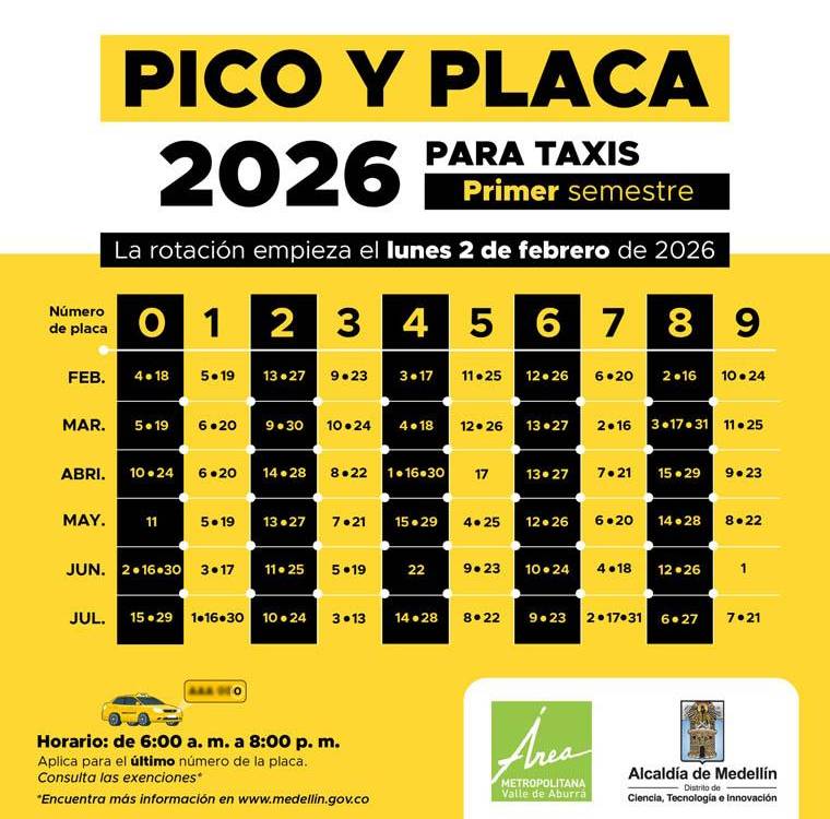 Esta es la rotación del pico y placa de los taxis en el primer trimestre de 2026. FOTO: ALCALDÍA DE MEDELLÍN