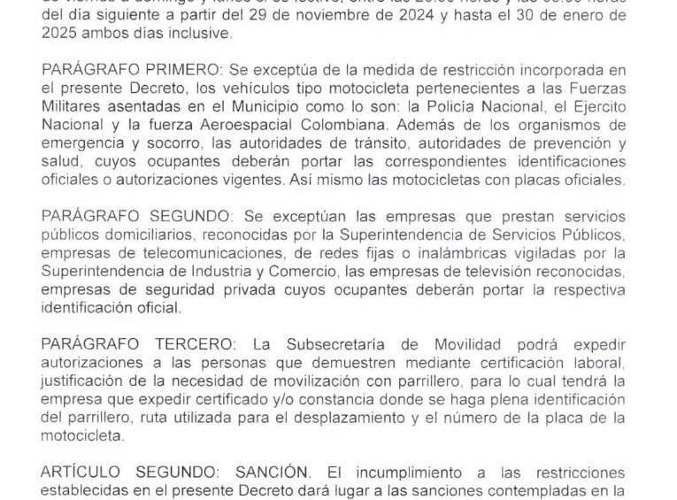 Decreto que ordena la prohibición de motos con parrillero en Rionegro. /FOTO: CORTESÍA