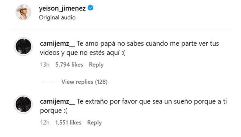 Mensaje de Camila Jiménez a su papá. FOTO: REDES SOCIALES