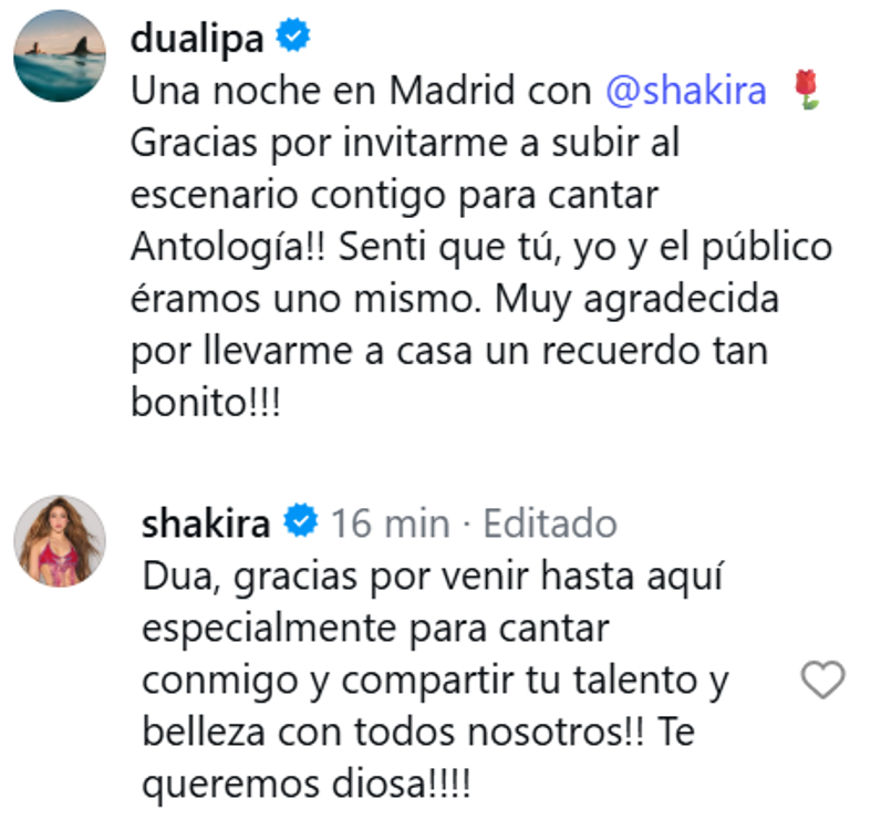 Los mensajes que Shakira y Dua Lipa intercambiaron en redes tras cantar ‘Antología’.