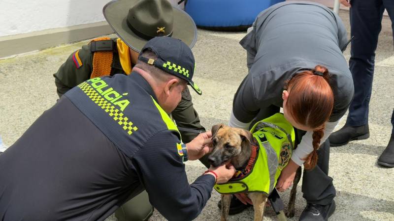 Momento en que el comandante recibía a su nueva mascota. FOTO: CORTESÍA POLIANTIOQUIA