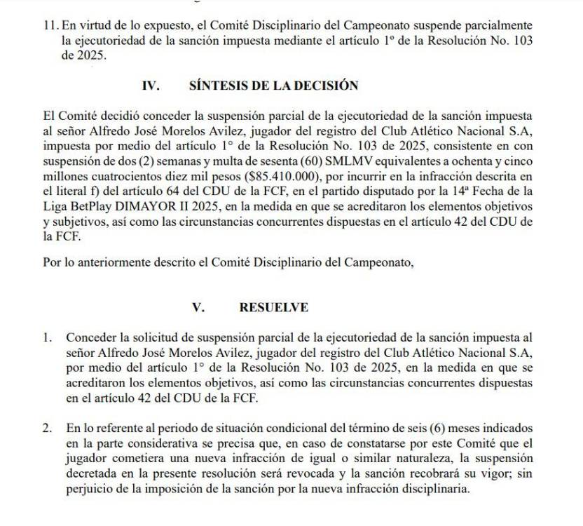 Dimayor suspendió sanción a Morelos y podrá jugar el clásico