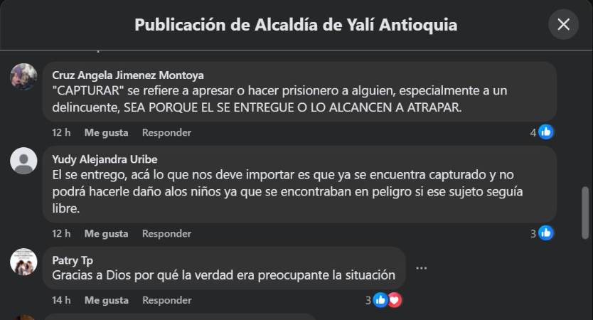 Comentarios en redes sociales de la Alcaldía de Yalí sobre captura del presunto feminicida. FOTO: TOMADA DE FACEBOOK ALCALDÍA DE YALÍ