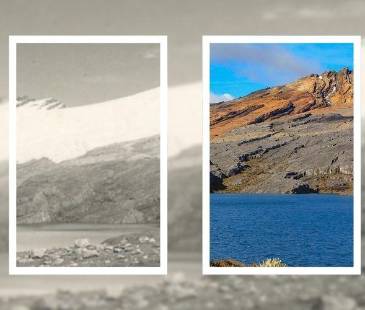 A la izquierda, el glaciar en el 1959. A la derecha, el glaciar en el 2023. FOTOS: IDEAM