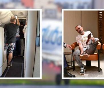 Varios pasajeros ingresaron a la cabina para detener la riña. A la derecha, Yaniv, uno de ellos, le explica a Benjamin Netanyahu lo que pasó. FOTOS: INSTAGRAM @FLYDUBAI (FONDO) Y X @ARUTZSHEVA_EN Y @RADARAUSTRAL_
