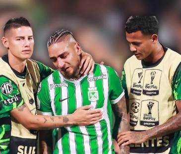 De izquierda a derecha: James Rodríguez, Cristian ‘Chicho’ Arango y César Haydar tras la lesión de Arango frente a Millonarios. FOTO: MANUEL SALDARRIAGA
