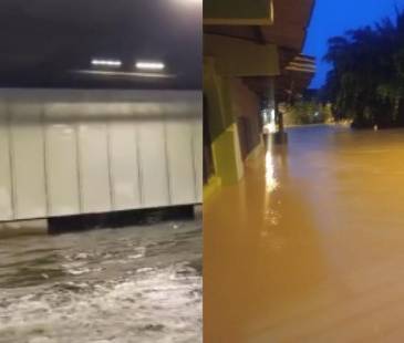 Inundación en el soterrado de Parques del Río (izq.) y la inundación en el área urbana de Zaragoza, Bajo Cauca antioqueño (der.). FOTOS: REDES