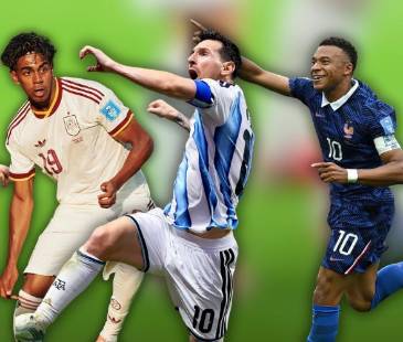 De izquierda a derecha: Brahim Díaz (Marruecos), Lamine Yamal (España), Lionel Messi (Argentina), Kylian Mbappé (Francia), Erling Haaland (Noruega). FOTOS: TOMADAS DE INSTAGRAM DE CADA SELECCIÓN