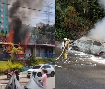 Incendio en La Aurora (izq.) y en la avenida Las Palmas (der.). FOTOS: CORTESÍA DENUNCIAS ANTIOQUIA
