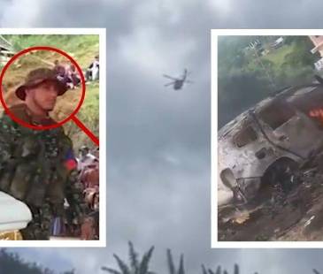 Al fondo, el helicóptero del Ejército; al frente, alias Ñeque y el vehículo incinerado por dron con explosivos. FOTOS: X @LAHORADELAVERDAD Y COLPRENSA