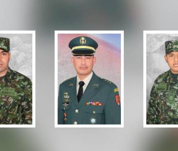 De izquierda a derecha: el soldado profesional Joel Alberto Jiménez, el capitán Marco David Parajón y el soldado profesional Jhon Carlos Marrugo, los militares muertos en Ocaña, Norte de Santander. FOTO: EJÉRCITO NACIONAL