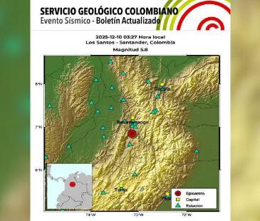 El Servicio Geológico Colombiano confirmó que el evento tuvo una magnitud de 5,8 y su epicentro fue el municipio de Los Santos. IMAGEN: SERVICIO GEOLÓGICO COLOMBIANO