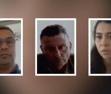Juan Carlos Torres Ojeda (izq.), Santiago Ortega Mateos (centro) y Estefanya Cuervo Sánchez (der.), tres de los cinco exfuncionarios de Daniel Quintero que fueron acusados. FOTO: FISCALÍA