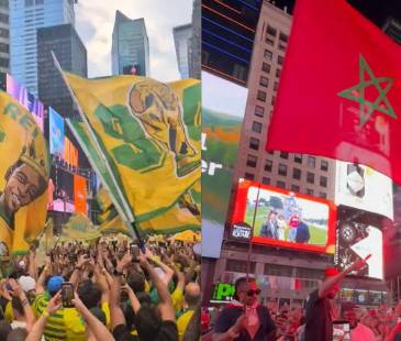 Brasileños y marroquíes armaron tremenda fiesta en Times Square, Estados Unidos, previo a su debut en el Mundial. FOTO: @JONATHANCRANE5 Y REDES SOCIALES