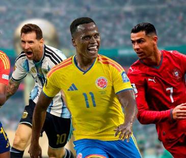 De izquierda a derecha: Lamine Yamal (España), Lionel Messi (Argentina), Jhon Arias (Colombia), Cristiano Ronaldo (Portugal) y Vinícius Jr (Brasil). FOTOS: GETTY (FONDO) Y REDES SOCIALES