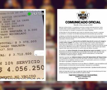 El bar dijo que eliminará el recargo por pago con tarjeta. FOTOS: DENUNCIAS ANTIOQUIA E INSTAGRAM @ROYAL_BARGRILL