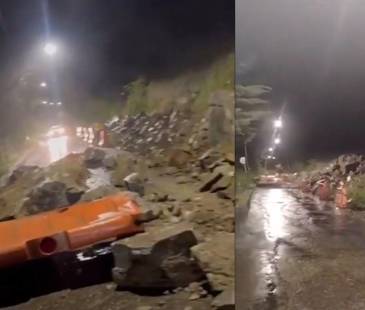 Piedras de gran tamaño bloquean el paso en ambos carriles. FOTO: TOMA DE VIDEO