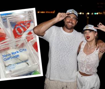 Travis Kelce y Taylor Swift. En la foto destacada la basura vendida. FOTOS: INSTAGRAM @killatrav Y CAPTURA DE VIDEO @justingignac