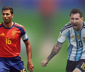Rodrigo Hernández jugador español (izq.) y Leonel Messi, jugador argentino (der.). FOTO: @SEFUTBOL Y <span class="mln_small-caps_mln">@LEOMESSI</span>