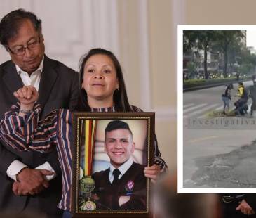 El presidente Gustavo Petro nuto a Jenny Alejandra Medina, madre de Dilan Cruz. En el recuadro el momento en el que el joven cayó herido. FOTOS: COLPRENSA - ÁLVARO TAVERA Y CAPTURA DE VIDEO SEÑAL COLOMBIA.