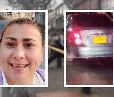 Yulixa Toloza, el carro al que la subieron, y al fondo, el centro estético. FOTOS: COLPRENSA, X @MEDICOSDECOLOMBIA Y SEMANA