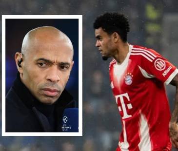 Thierry Henry (izq.) y Luis Díaz (der.). FOTOS: BAYERN MÚNICH (FONDO) Y TOMADA DE X @TouchlineX (DETALLE)