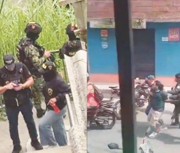 En la primera hay miembros de la Fuerza Pública en las escaleras donde murieron los 2 hombres el 16 de mayo. En la segunda, el momento en que fue capturado un hombre. FOTOS: CORTESÍA Y TOMA DE VIDEO