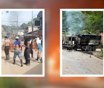 Las calles del municipio están bloqueadas con llantas y vehículos quemados. FOTOS: CORTESÍA
