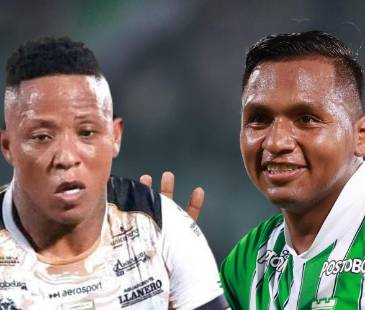 Jhon Vásquez (izq) y Alfred Morelos, delanteros de Llaneros y Atlético Nacional, respectivamente. FOTOS: LLANEROS Y MANUEL SALDARRIAGA