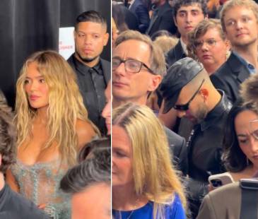 Karol G y Feid en la alfombra roja de los Grammy en el Crypto.com Arena de Los Ángeles. FOTOS: CAPTURAS DE VIDEO INSTAGRAM @tumusicahoy