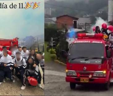 Carro de bomberos de Jericó fue usado en primer día de colegio de estudiantes en Sabaneta. FOTO: RED SOCIAL X @dicalaca18