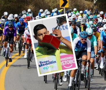 El pelotón de la Vuelta entró a Antioquia, pero hasta ahí llegó la carrera (fondo) y Diego Camargo (detalle) se quedó con el título, rompiendo el dominio Rodrigo Contreras, que llevaba 3 años siendo campeón . FOTO: CORTESÍA JHOAN MARULANDA